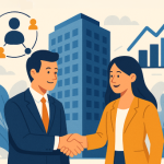 Apporteur d affaire immobilier : illustration d’un apporteur reliant réseau, immeuble et croissance pour saisir les opportunités du marché
