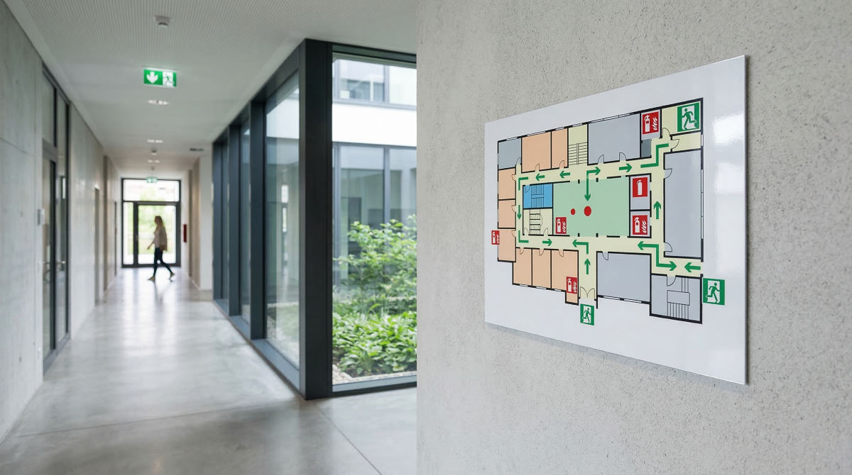 Affichage d'un plan d'évacuation conforme aux normes sur le mur du couloir d'un établissement recevant du public.