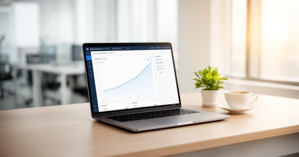 Ordinateur affichant un graphique de croissance des statistiques web après une refonte SEO de site internet.