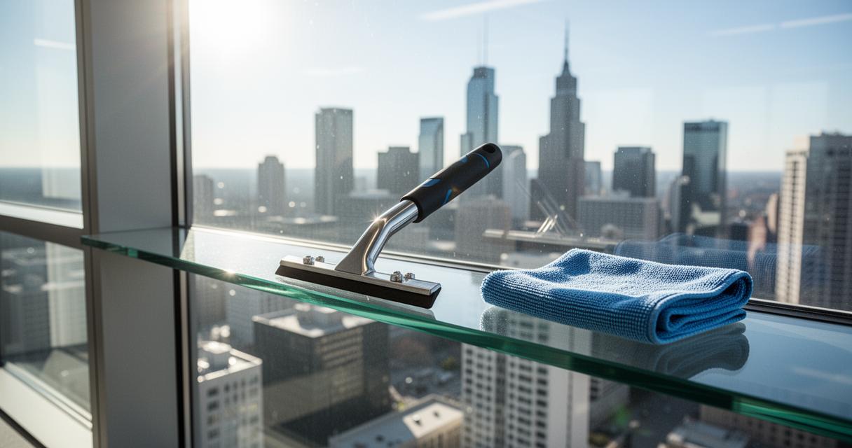 Matériel lavage vitre professionnel incluant une raclette et une lavette microfibre posées devant une baie vitrée urbaine.